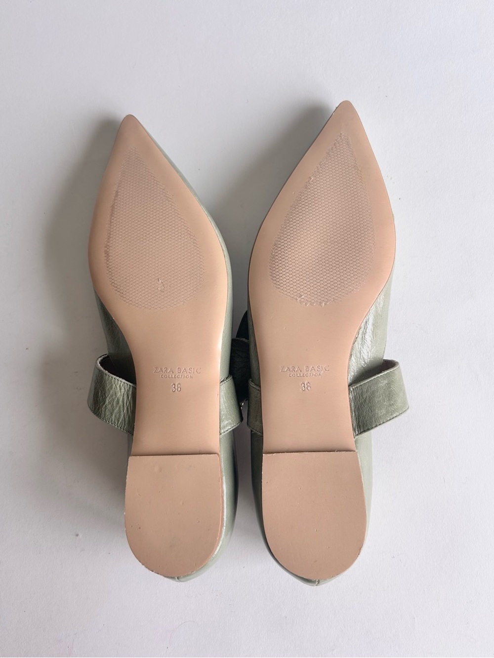 Zara Basic Green Leather Mary Jane Point Toe Glitter Buckle Flats size 7.5 - Picture 13 of 16